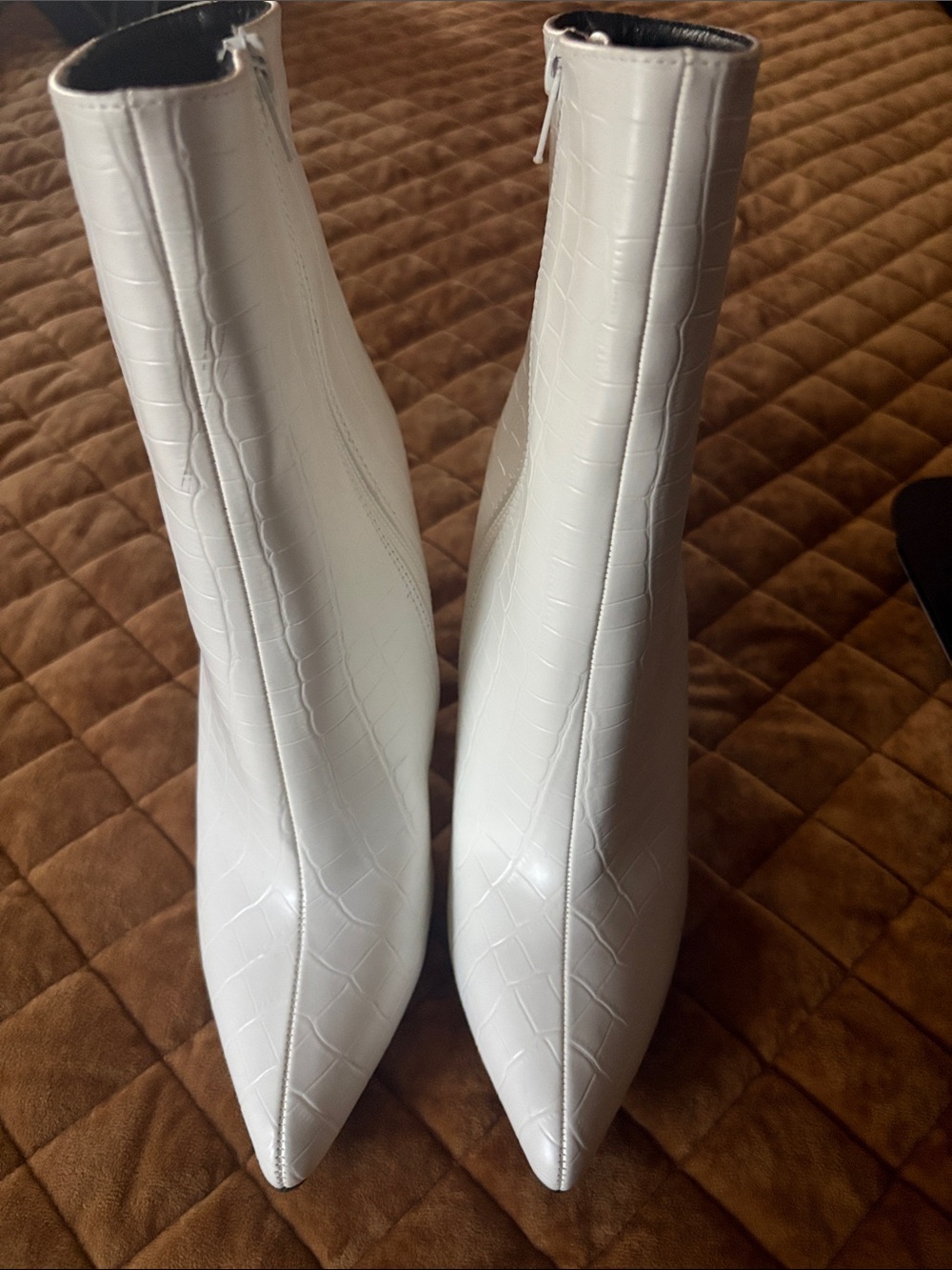 Fashion Nova White Croc-Embossed Pointed Toe Booties